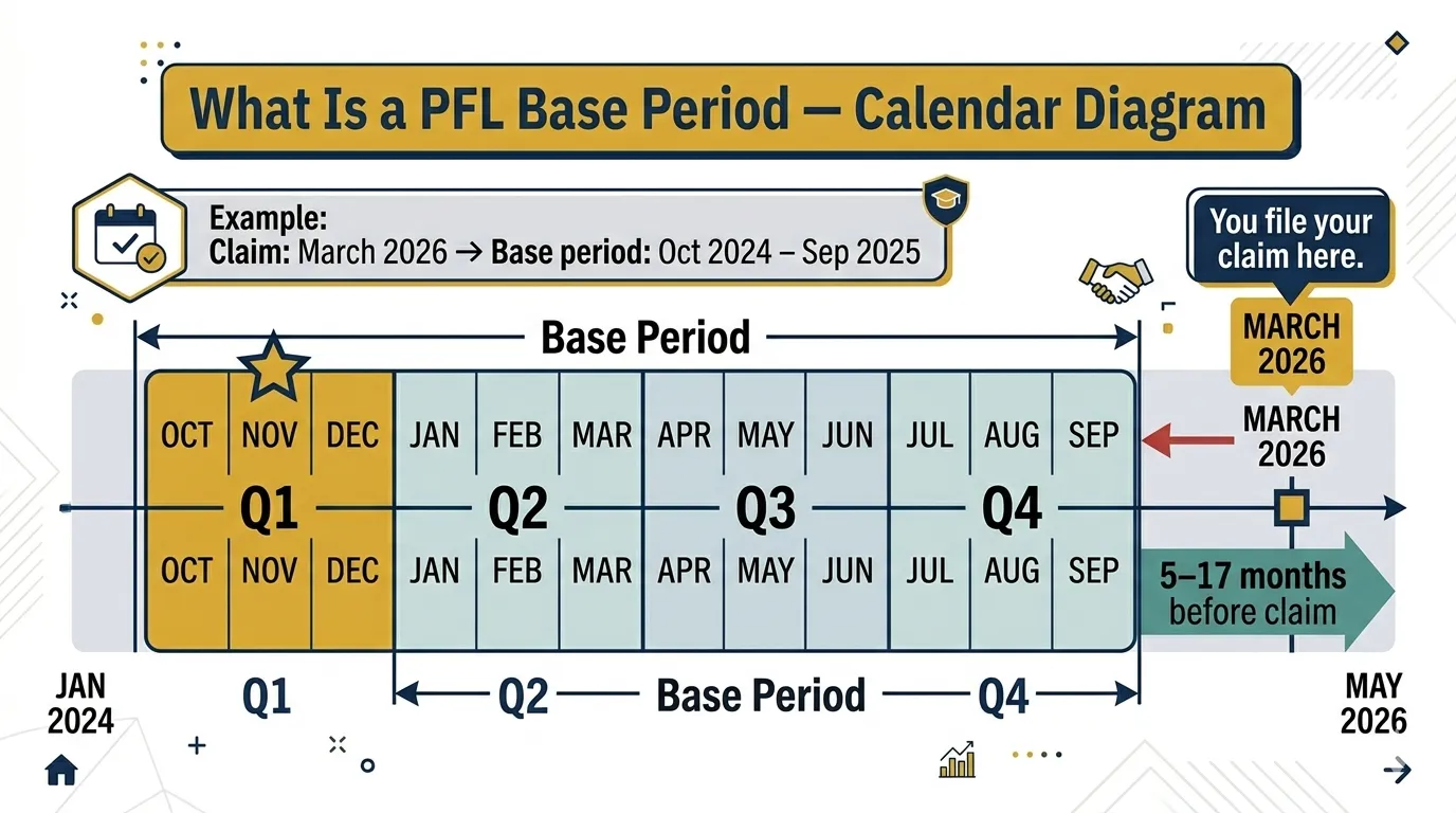 PFL base period calendar diagram showing 4 quarters Oct 2024–Sep 2025 for a March 2026 claim, with highest quarter highlighted in gold